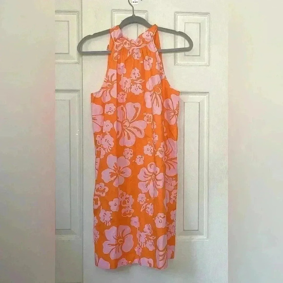 J Crew  Factory Tie-neck cotton mini shift dress 2 orange  Hibiscus Floral Dress - Picture 1 of 8